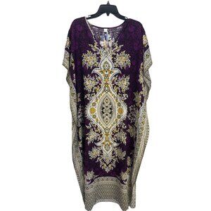 Women's Boho Kaftan Dress Purple Gold Lounge Wear One Size Beach Cover Up